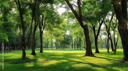 Trees in the park with green grass and sunlight, fresh green nature background, Generative AI