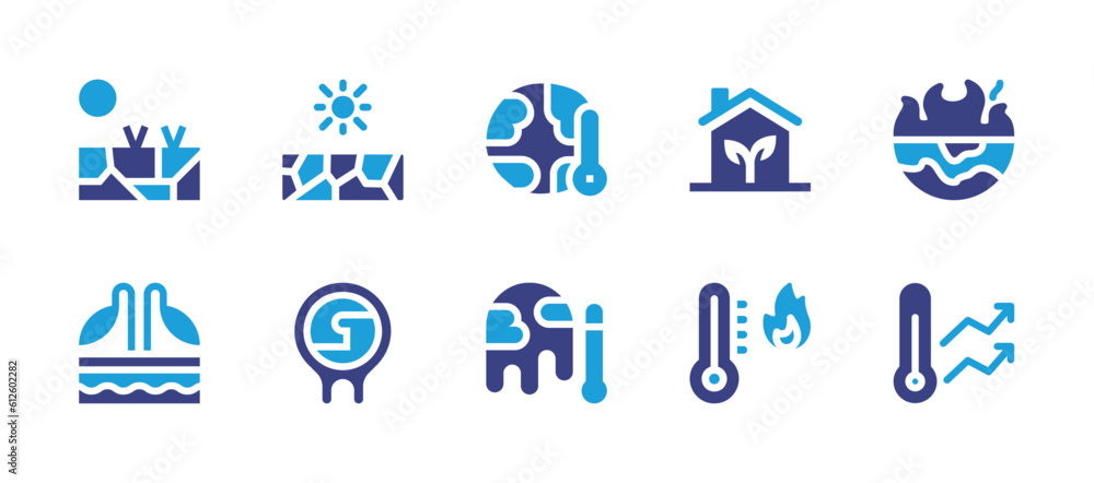Global warming icon set. Duotone color. Vector illustration. Containing drought, desertification, earth, eco house, global warming, crop, ice cap, severe weather.
