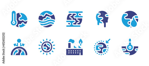 Global warming icon set. Duotone color. Vector illustration. Containing global, heat wave, air pollution, melting, fire, greenhouse effect, sun, greenhouse gas, climate change.