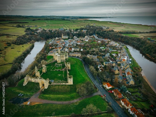 High-angle view of Warkworth Castle in Morpeth, UK photo