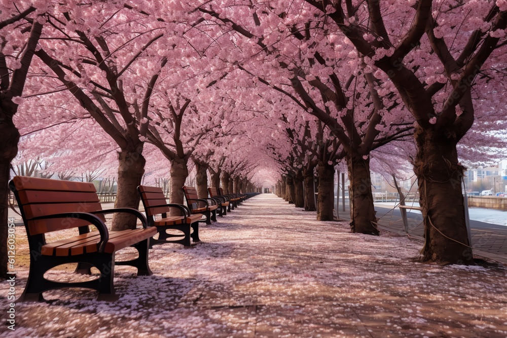 bench in park with cherry blossom