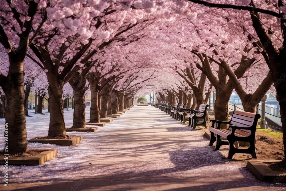 bench in park with cherry blossom