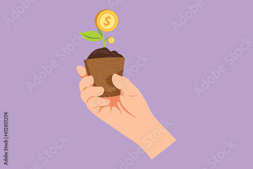 Cartoon flat style drawing hand with money plant in the pot. Money tree symbol of growth investment. Green cash banknotes with golden coins. Tree in a ceramic pot. Graphic design vector illustration