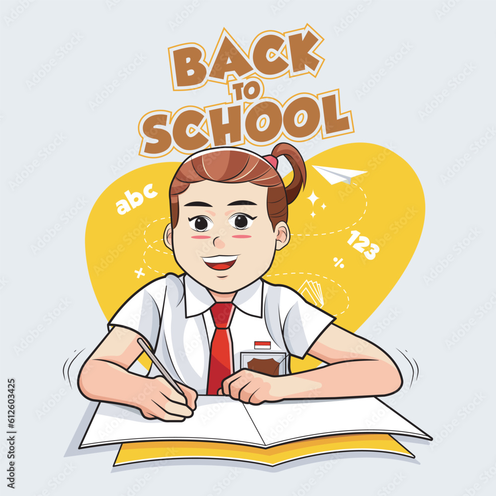 Back to school. Kid girl in school uniform is writing vector illustration