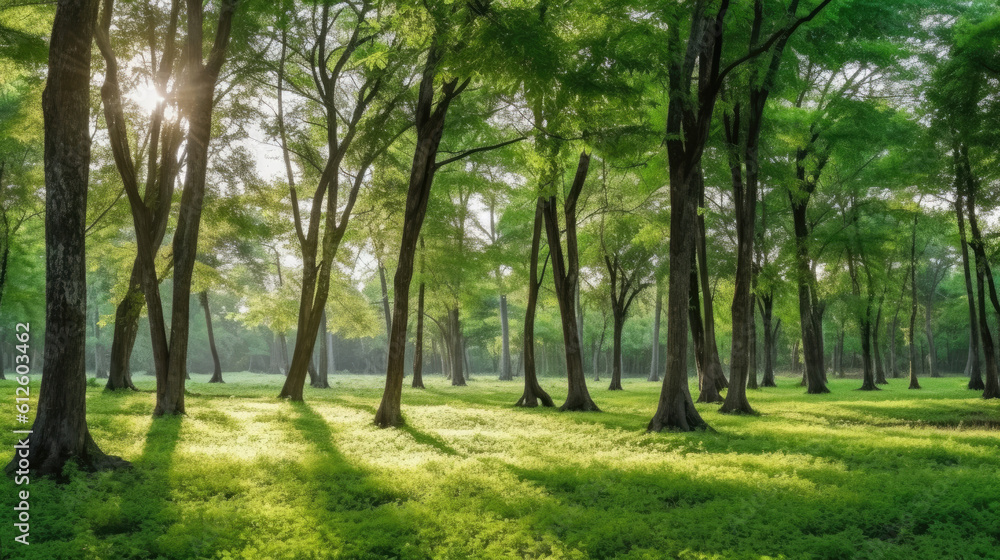 Trees in the park with green grass and sunlight, fresh green nature background, Generative AI