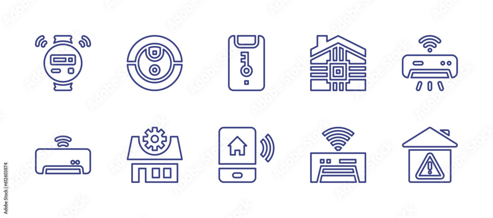Domotic line icon set. Editable stroke. Vector illustration. Containing domotics, robot vacuum cleaner, security, smarthome, air conditioner, house control, dashboard, home.