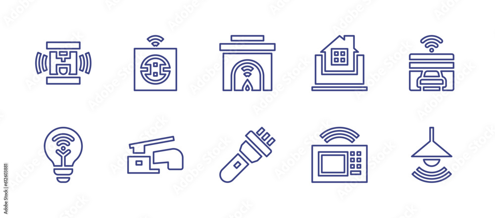 Domotic line icon set. Editable stroke. Vector illustration. Containing coffee maker, socket, fireplace, home, garage, smart light, faucet, flashlight, microwave oven, lamp.