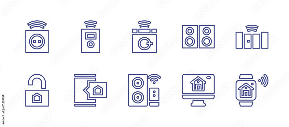 Domotic line icon set. Editable stroke. Vector illustration. Containing socket, remote, washing machine, audiosystem, door, unlock, smartphone, smart speaker, smart home, smartwatch.