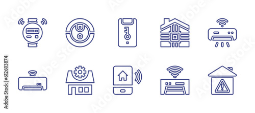 Fototapeta Naklejka Na Ścianę i Meble -  Domotic line icon set. Editable stroke. Vector illustration. Containing domotics, robot vacuum cleaner, security, smarthome, air conditioner, house control, dashboard, home.