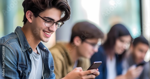 teenager on his phone, laughing, happiness photo