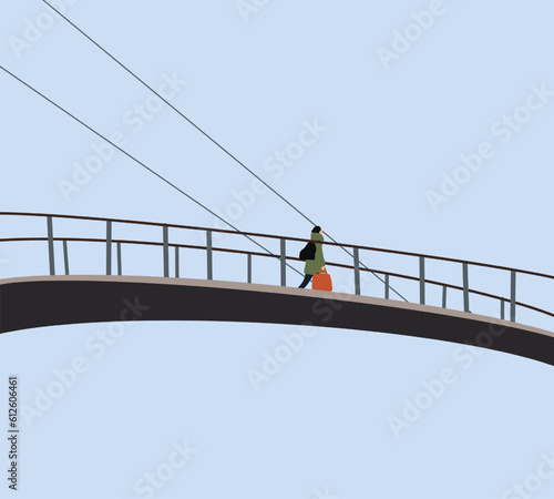 Woman with orange shopping bag walking on the bridge against the background of the sky. Enjoying her life, urban lifestyle.