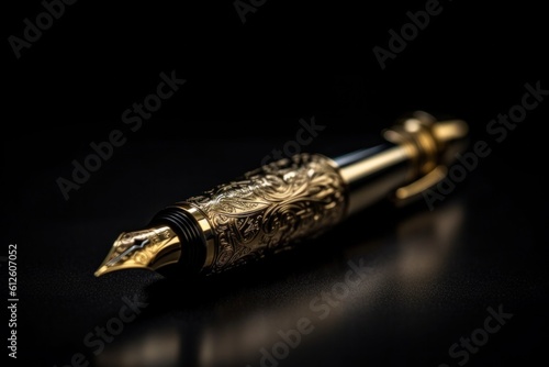 Golden ethereal pen on black background . Generative AI