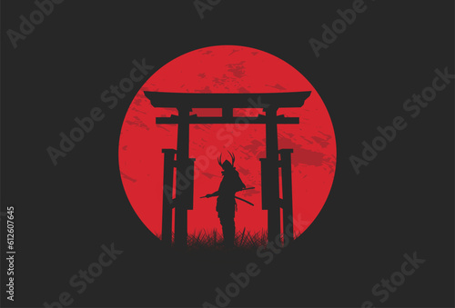 Japanese Samurai Silhouette in Japanese Gate Illustration