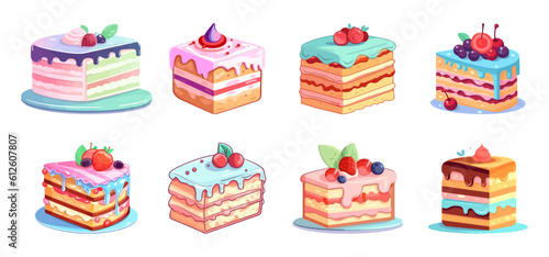 Birthday cakes slices, desserts, pastries, colorful pastel color