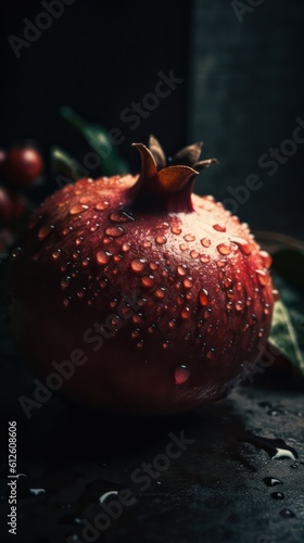 a photo of pomegranate fruit surrounded by drops of rain water generative ai