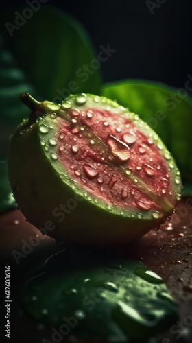 a photo of guava fruit surrounded by drops of rain water generative ai