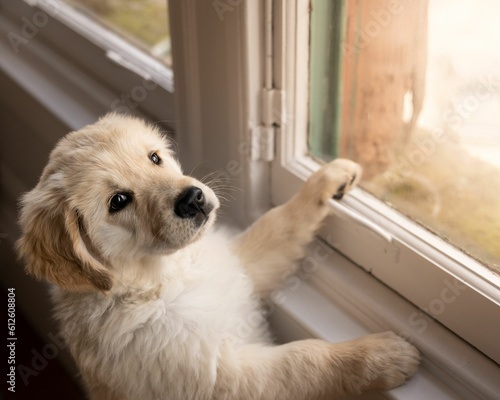 Closeup of a cute golden retriever puppy at the window looking at the camera.