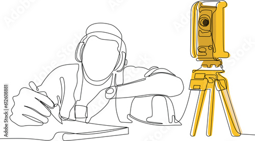 Close up of Caucasian worker with helmet on head using tablet for work while standing in warehouse. Surveyor with a tripod icon. Geodesic tripod. Vector illustration