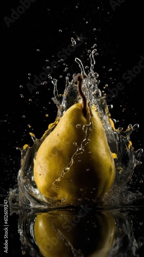 a photo of pear fruit fall in water on black background generative ai