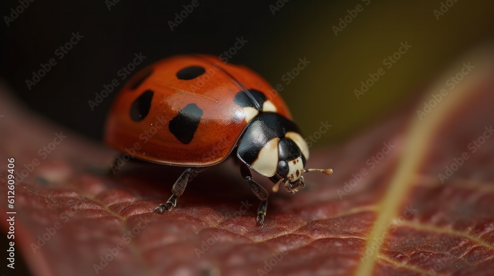 Macro image of a ladybug sitting on a leaf. Generative AI Macro image of a ladybug sitting on a leaf. Generative AI