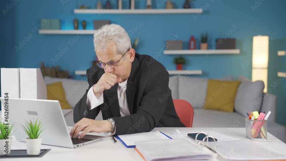 Home office worker man is sick and coughing. Home office worker man is sick and coughing.