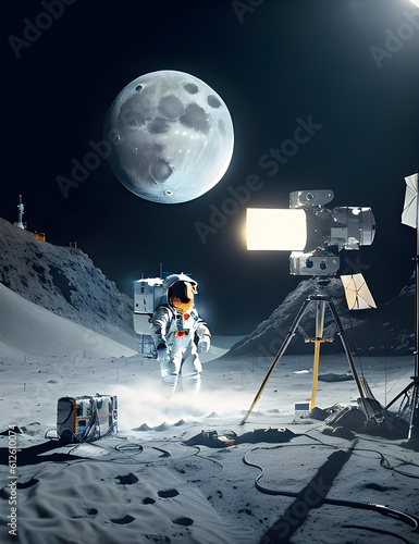 moon landing, studio, make the studio visible, people who are astronauts in the background filmic, Generative AI