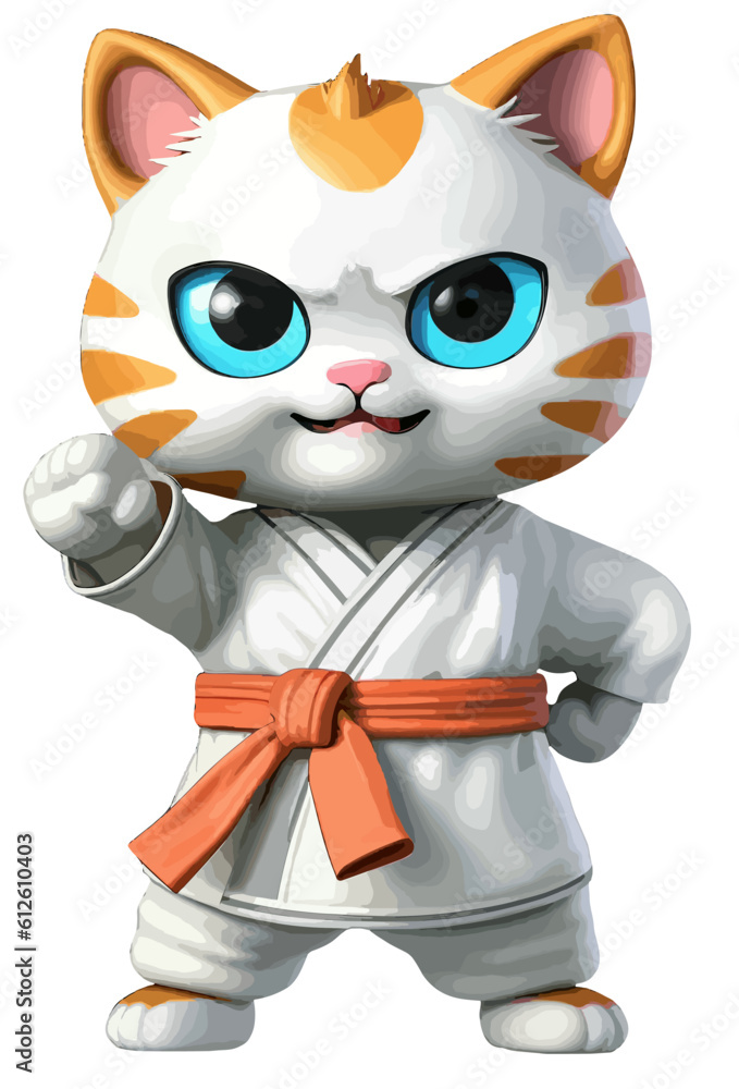 Cute cartoon cat dressed into the karate outfit and standing in karate pose