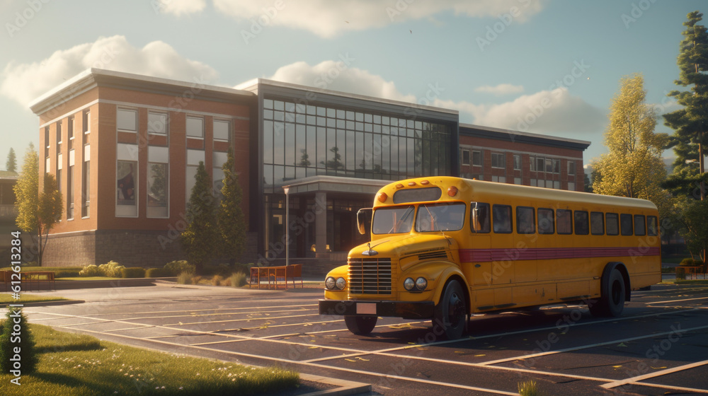 yellow school bus at parking school building Generative AI yellow school bus at parking school building Generative AI