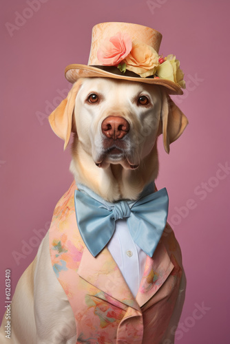 Hyperrealist portrait of a funky of Anthropomorphic Stylish The labrador retriever wearing haute couture, perfectly detailed, pastel background