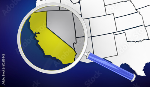 California Under Magnifying Glass Close Up Look CA State Map 3d Illustration photo