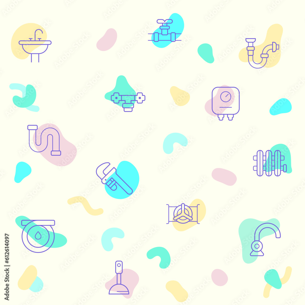 Vector illustration of a cute plumbing. Collection of traps, drains, taps, hand tools, vise, pipe, connector, valve and other elements. Isolated on beige. Vector illustration of a cute plumbing. Collection of traps, drains, taps, hand tools, vise, pipe, connector, valve and other elements. Isolated on beige.