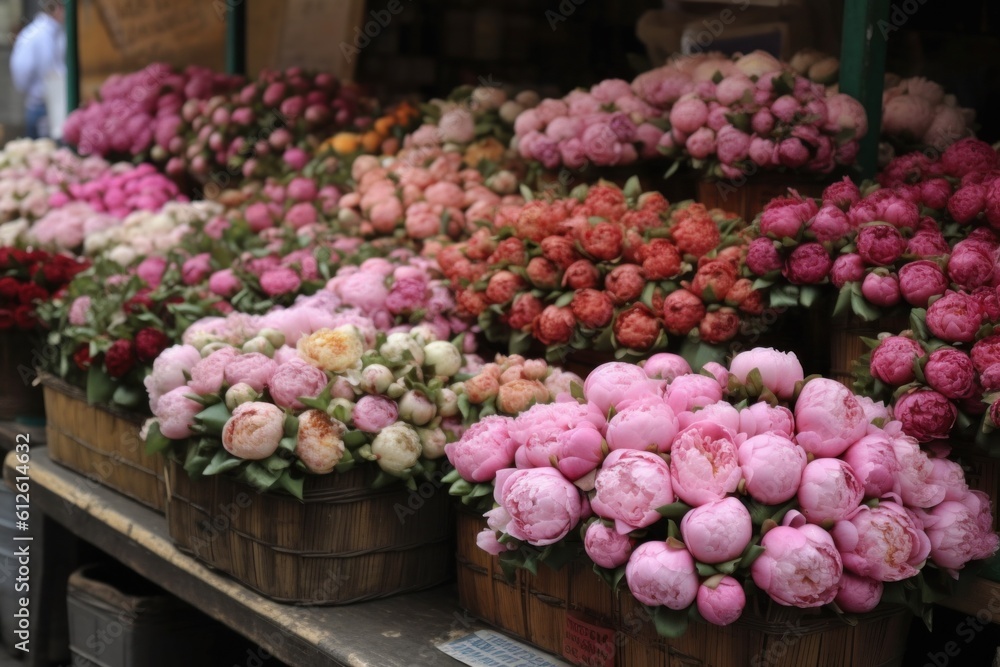 large baskets with peonies of different colors on the counter of a flower shop. Generative AI 