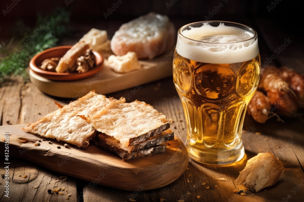 Mug of beer with wheat, barley and barrels on background. Still life. Copy space. Ai generated. Generative AI Mug of beer with wheat, barley and barrels on background. Still life. Copy space. Ai generated. Generative AI