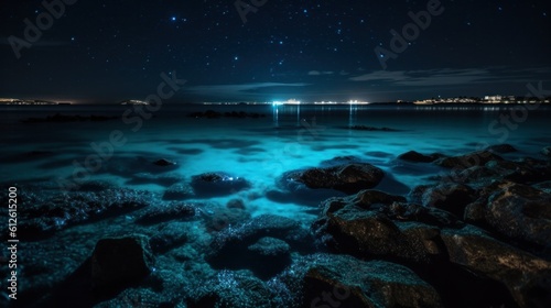 Photo of the blue sea at night, fabulous neon glow from under the water. Generative AI
