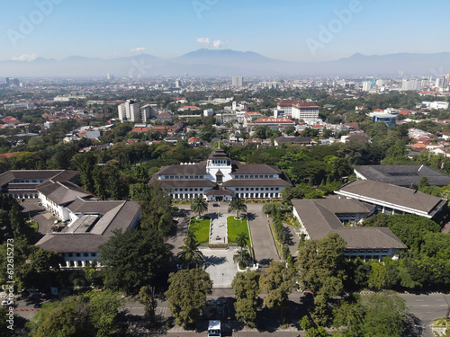 Aerial View of Gedung Sate, an Old Historical building with art deco style. Nowadays it is become a Governor Office, icon and landmark of Bandung, Indonesia