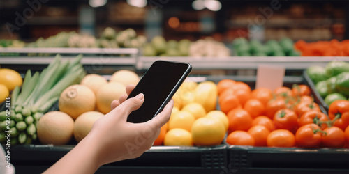hand holding mobile smart phone on Supermarket blur background, business concept. Generative AI