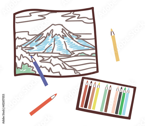 富士山の塗り絵と色鉛筆、ベクターイラスト