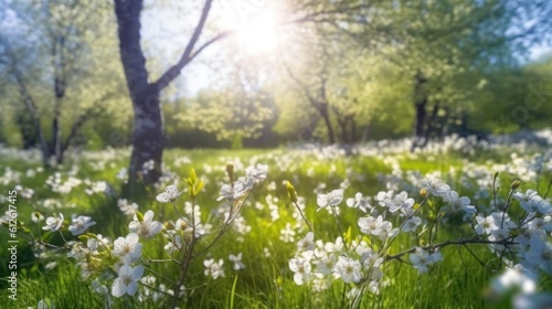 Beautiful blurred spring background nature with fields of flowers  trees and blue sky on a sunny day.Generated with AI.