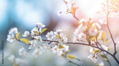 Beautiful blurred spring background nature with fields of flowers, trees and blue sky on a sunny day.Generated with AI. © sirisakboakaew