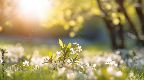 Beautiful blurred spring background nature with fields of flowers, trees and blue sky on a sunny day.Generated with AI. © sirisakboakaew