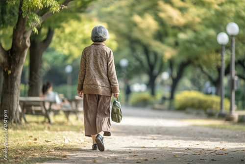 公園を歩く70代の女性の後姿　
ジェネレーティブAI