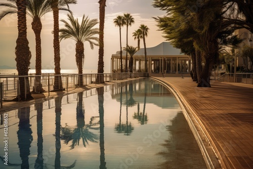 beautiful promenade with palm trees with swimming pools in the park by the sea. Generative AI  © Margo_Alexa