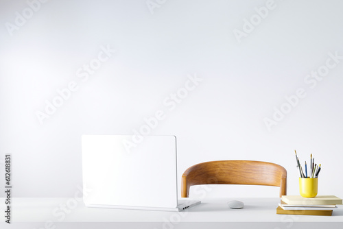 Workspace home office desk supplies on office workplace.