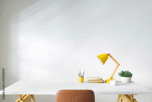 Workspace home office desk supplies on office workplace.