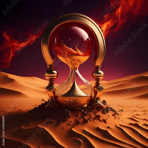 Ornate Sand Clock in Space - Generative AI Illustration with Golden Red Color Splash
