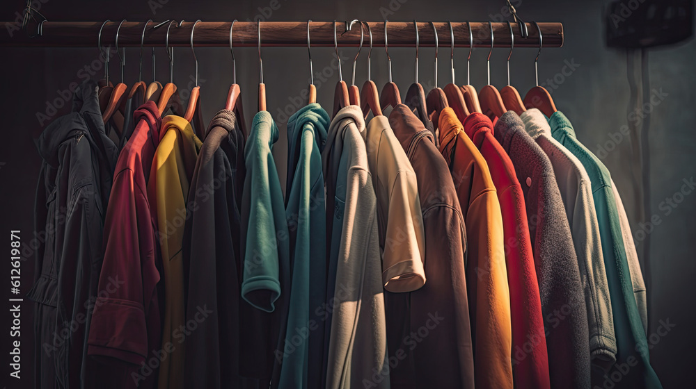 Obraz premium Collection of clothes hanging on rack. Generative AI