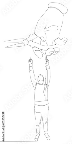 One continuous line of Man pointing with finger at Pliers, Tongs. A hand tool used to hold objects securely. Thin Line Illustration vector concept. Contour Drawing Creative ideas.
