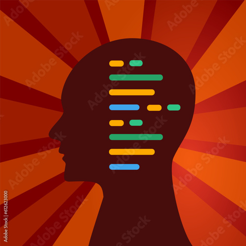 AI Artificial Intelligence revolution red propaganda retro design head with line of code