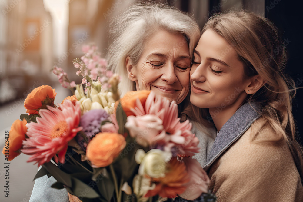 Portrait of two women embracing with flowers hugging each other. Concept of love and friendship between mother and adult daughter. Portrait of two women embracing with flowers hugging each other. Concept of love and friendship between mother and adult daughter.