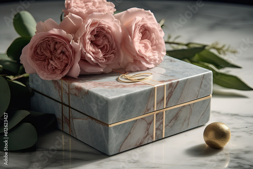 Birthday gift with a bouquet of flowers